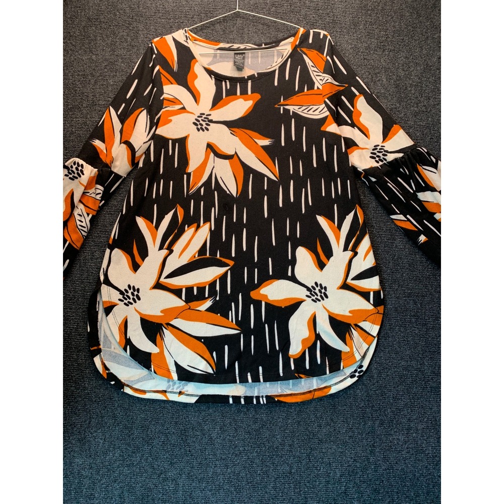 Lildy Tunic Women L-XL Black Orange Floral Bishop Sleeve Retro Mod Bold Art 70s